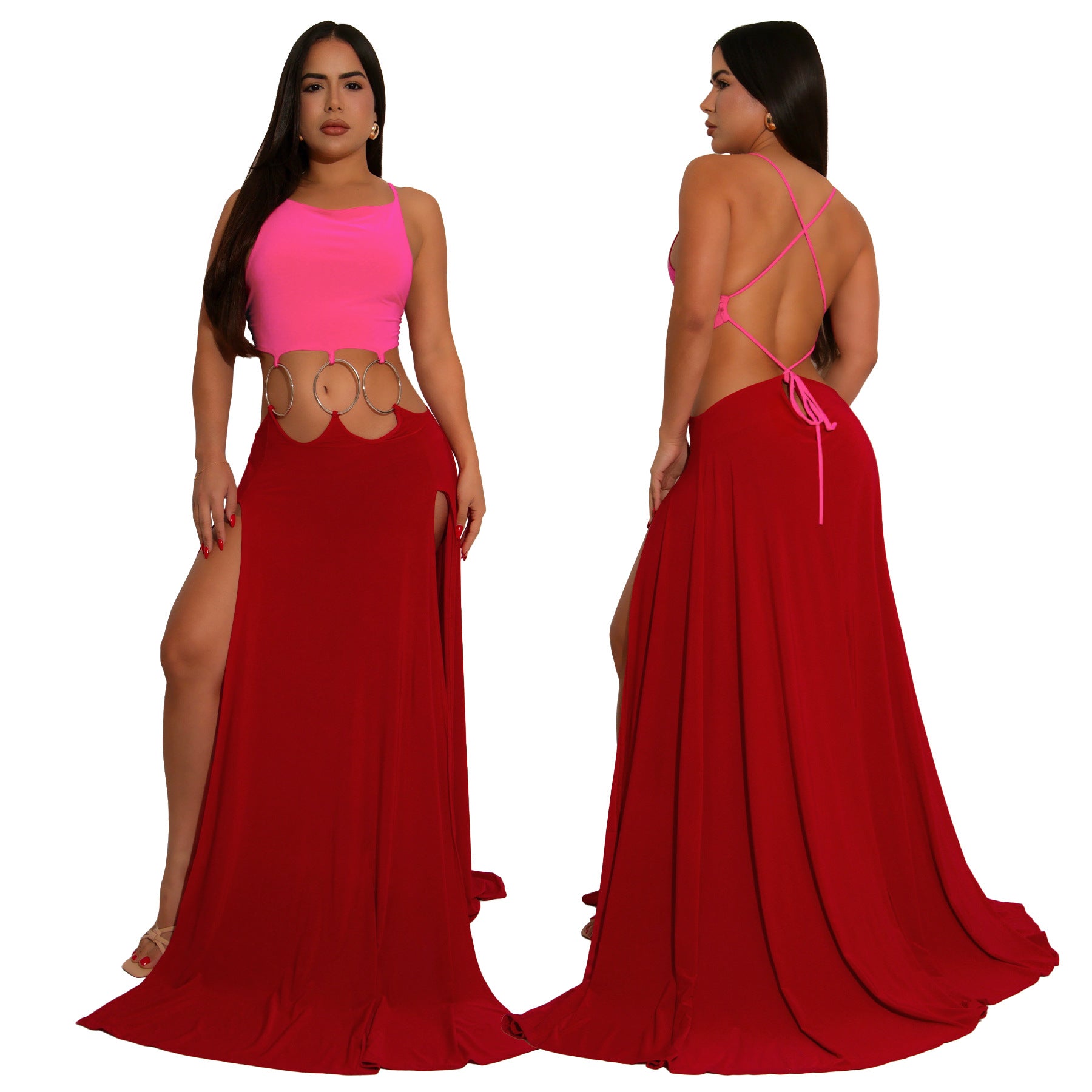 Women's Solid Color Sexy Low-Back High-Slit Contrast Dress