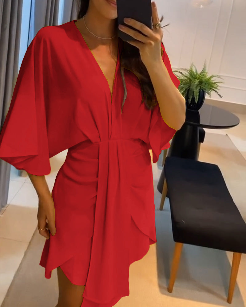 Women's solid color Bat Sleeves V-neck Slim Waist irregular dress 4