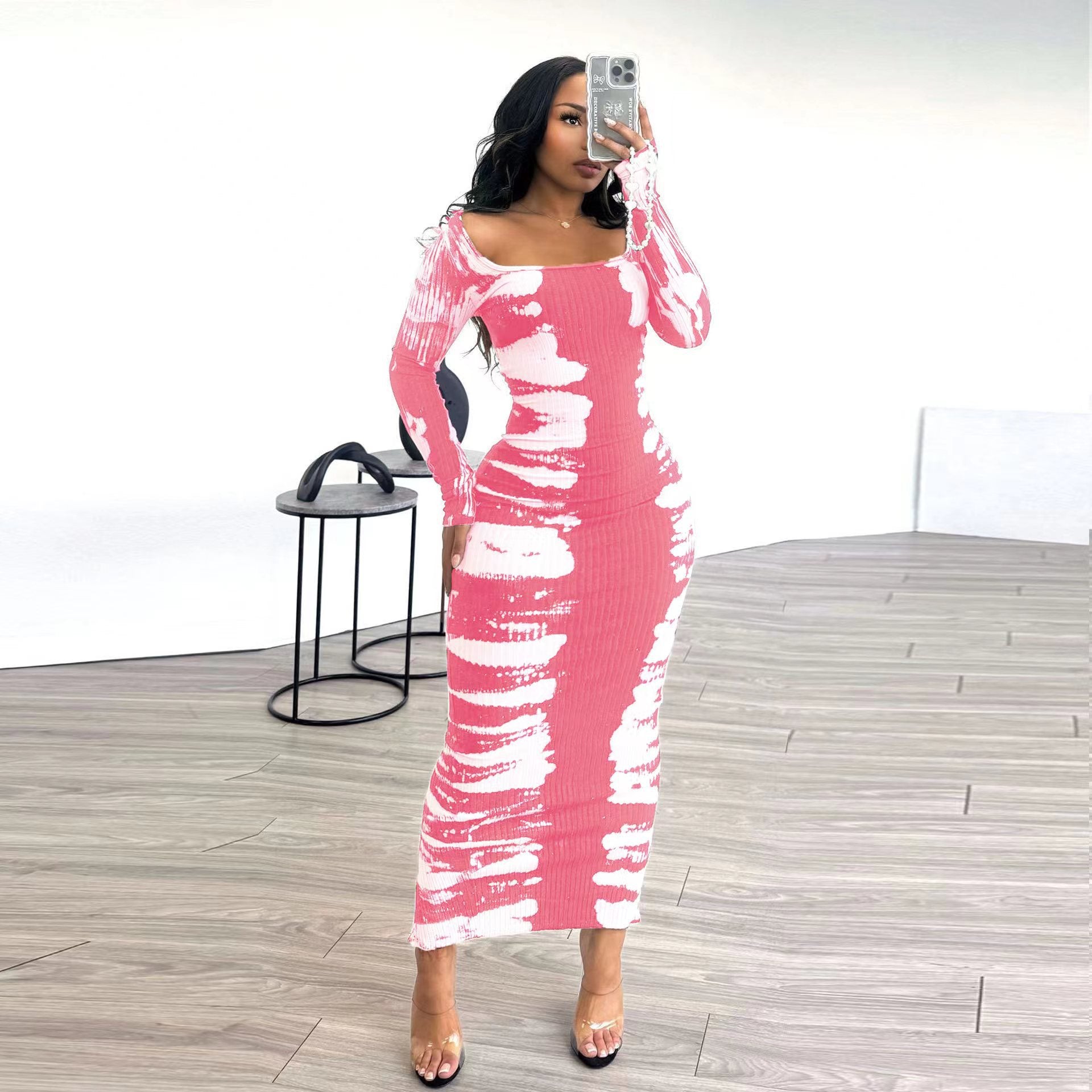 Women Printed Long Sleeve Square Neck Sexy Bodycon Dress 5