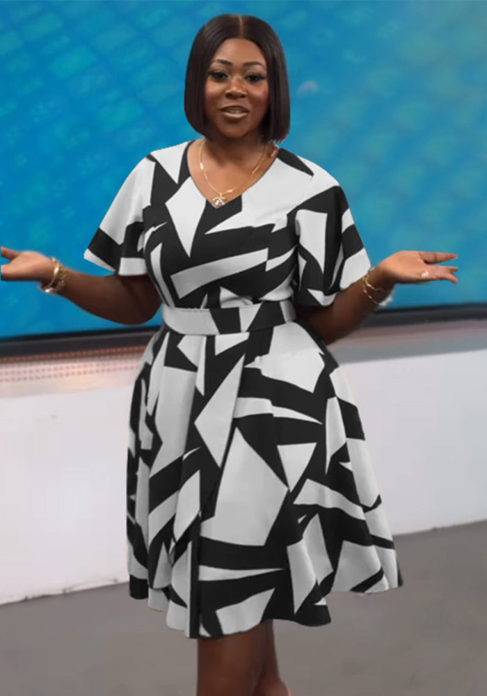 Spring and Summer Elegant Women's V-Neck Printed Slit Dress