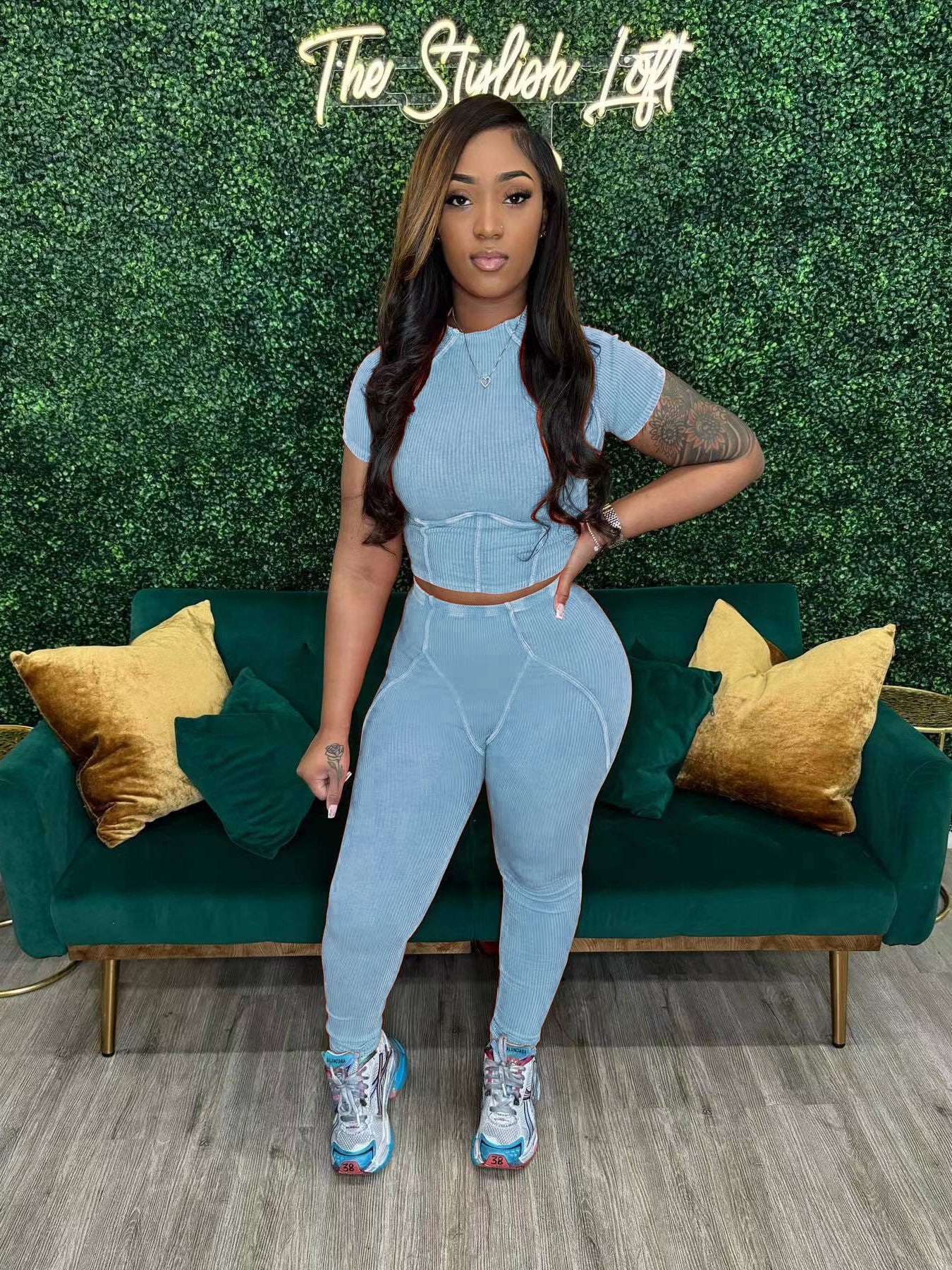 Women washed Ribbed short-sleeved top and trousers two-piece set 3