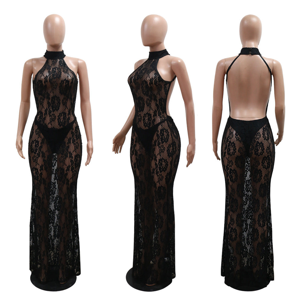Sexy Fashion Halter Neck See Through Lace Low Back Slim Nightclub Long Dress 8