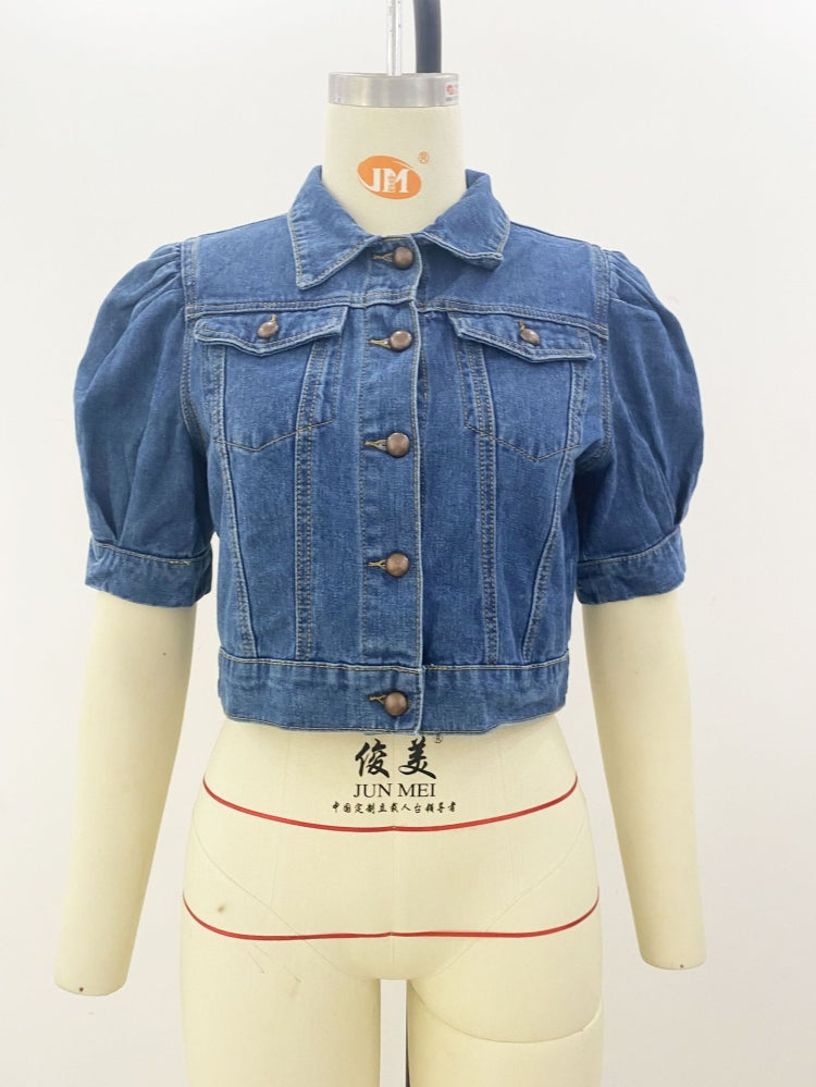 Fashion Button Up Short Sleeve Half Puff Sleeve Women Denim Jacket 12