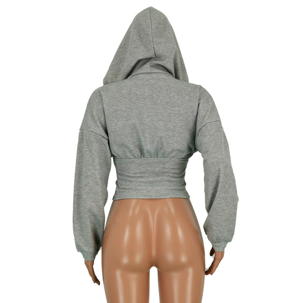 Women Sexy Elastic Waist Loose Hooded Zipper Top 25