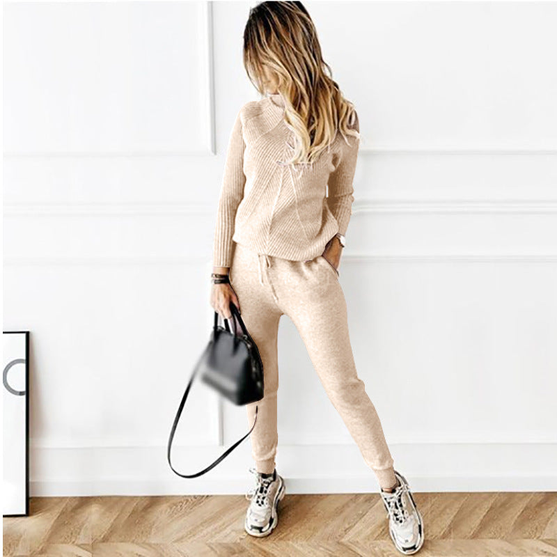 Women turtleneck Solid Casual sweater + trousers two-piece set 8