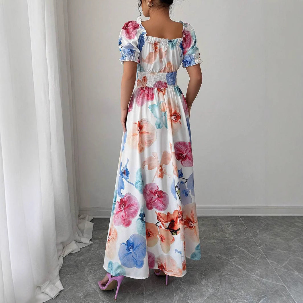 Women Summer Puff-Sleeve Printed Strap Dress 7