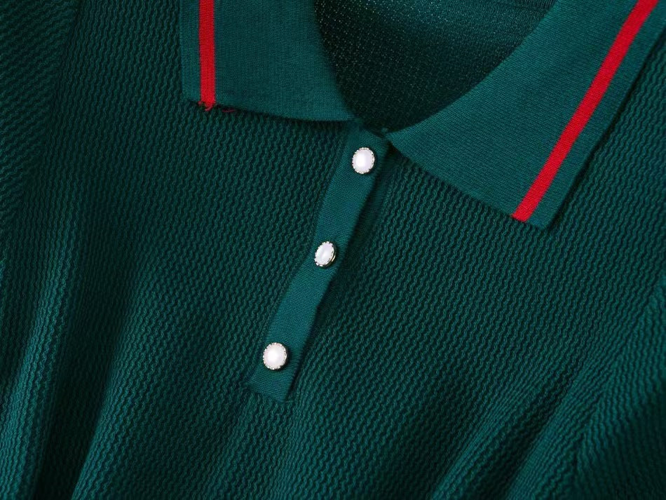 Women's Fashion Turndown Collar V-Neck Short Sleeve Knit Midi Dress 14