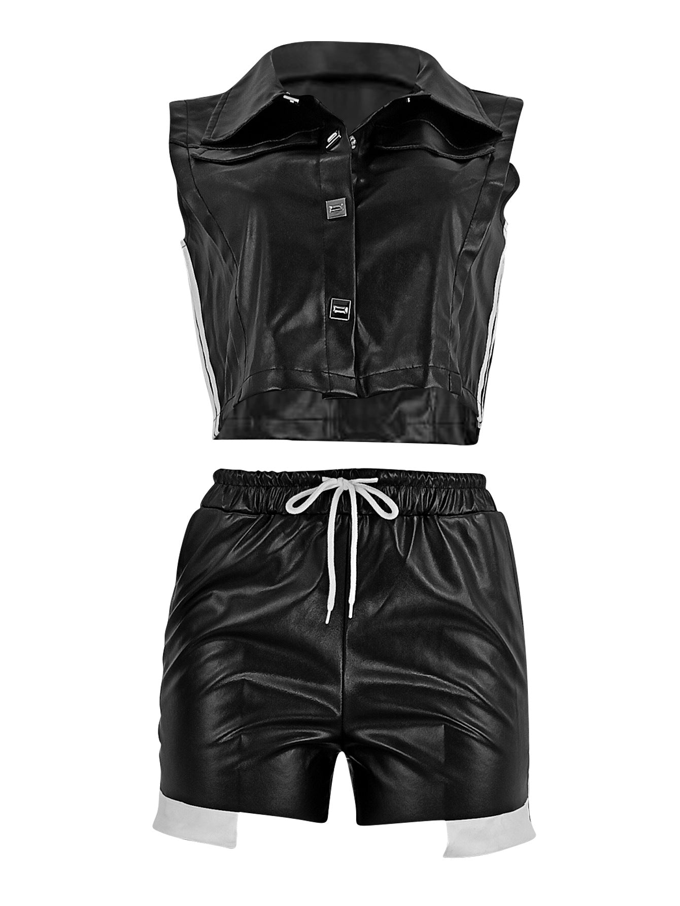 Women's Fashion Single-Breasted Pu Sleeveless Top Pocket Shorts Two-Piece Set 9