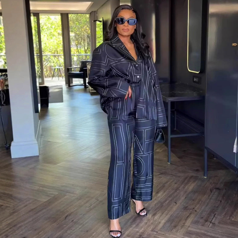 African Women Turndown Collar Long-sleeved printed shirt and wide-leg pants two-piece set