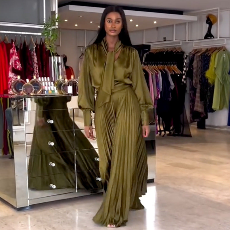 Women Summer Lace-up V-Neck Lantern Sleeve Shirt and Pleated Wide Leg Pants Two Piece Set 4