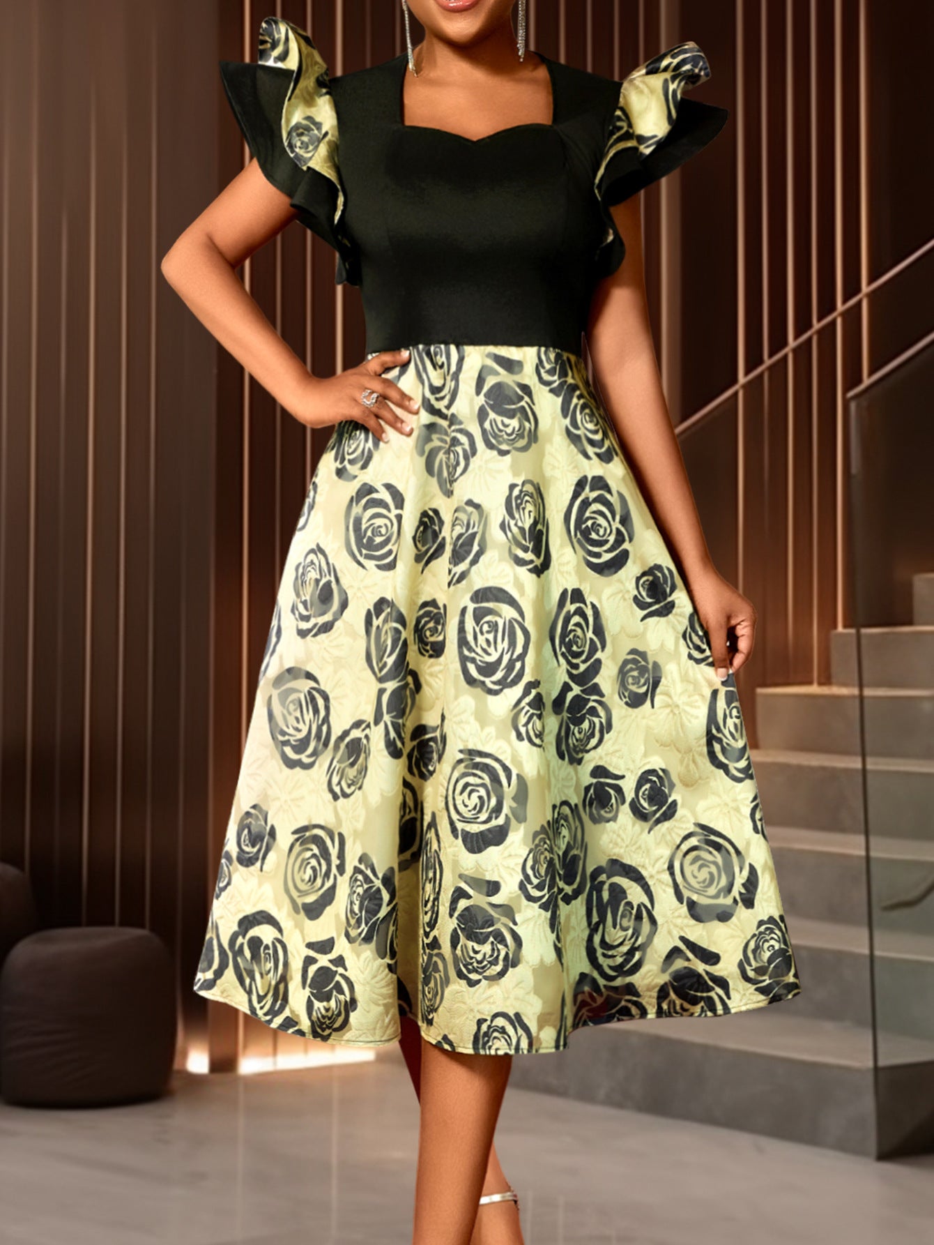 Women square neck Ruffle Sleeve rose jacquard Formal Party Dress 7