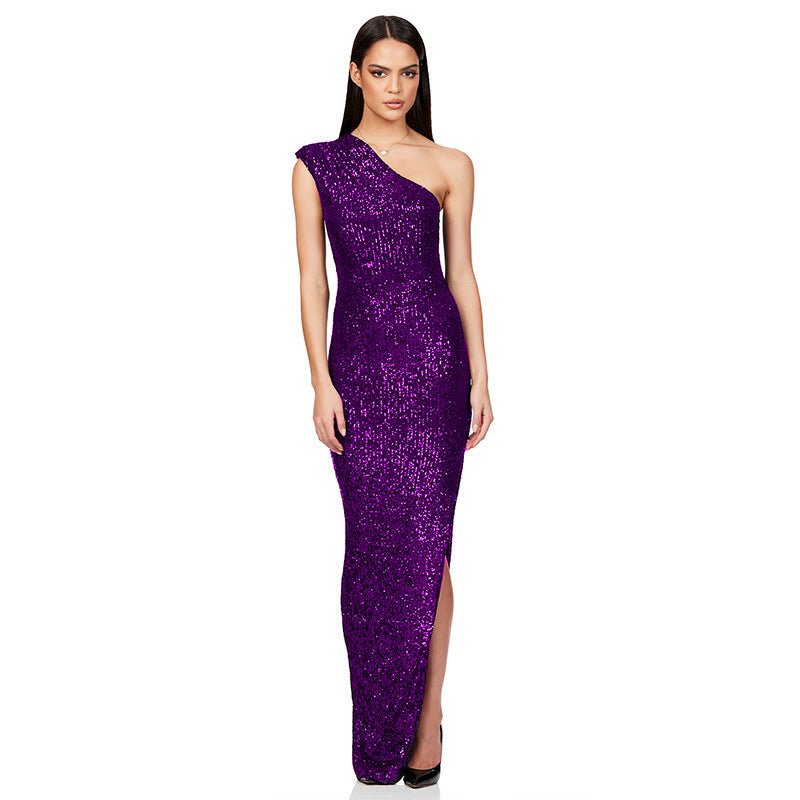 Women's One-Shoulder Sleeveless Sequined Slit Evening Party Dress 18