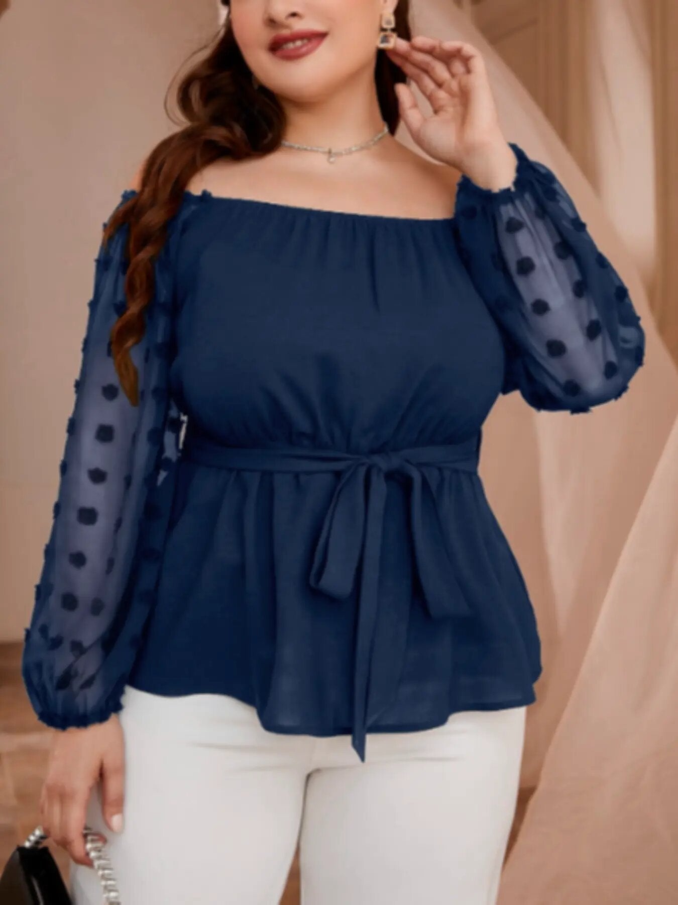 Sexy Plus Size Women Solid Color Off Shoulder Mesh Patchwork Chic Career Tops 3