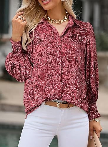 Autumn winter women's long-sleeved printed top Turndown Collar lantern sleeve shirt 19