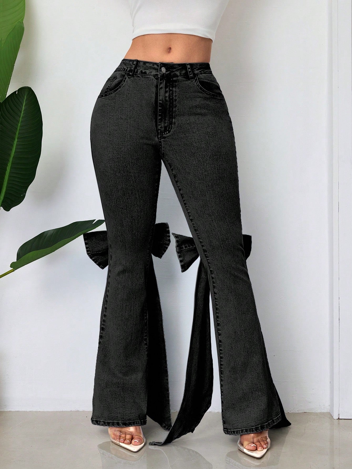Bow Tie Stretch Mid-Waist Denim Bell Bottom Pants 6