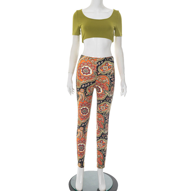 Women's Spring-Summer Graphic Print Crop Top with Tight Pants Set 9