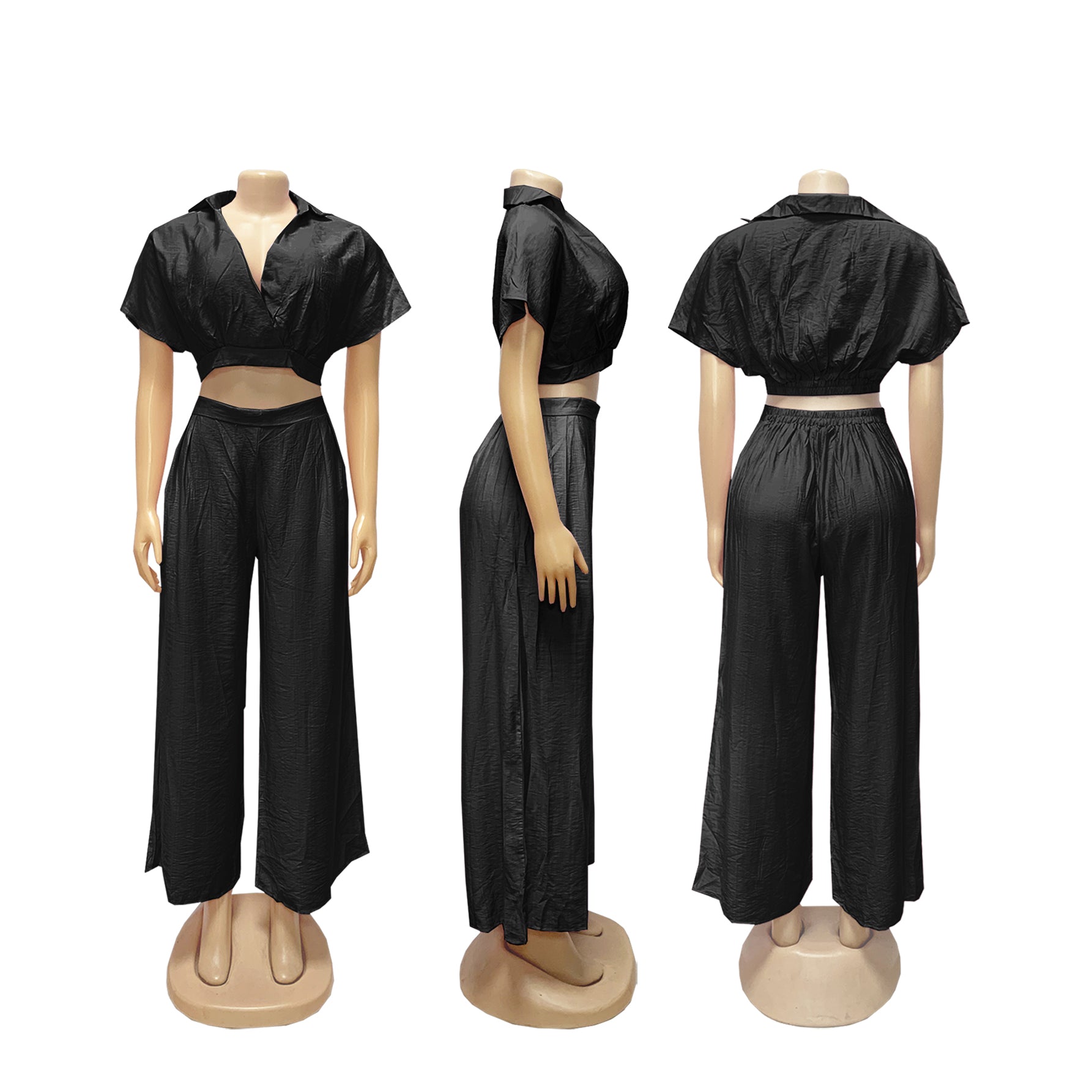 Women Casual Holidays Summer Turndown Collar Short Top & High-Waist Wide-Leg Pants Set 32
