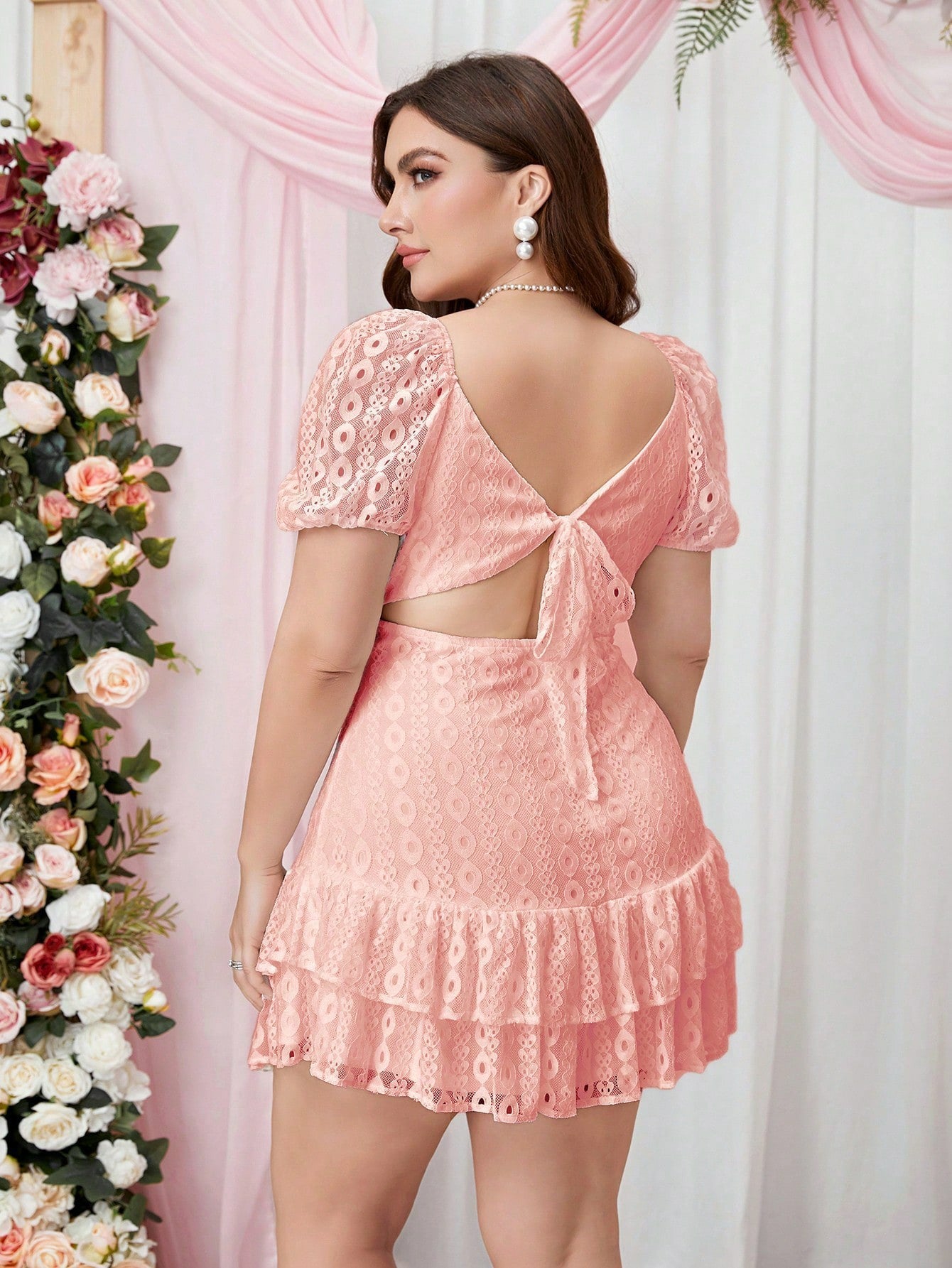 Plus Size Women Summer Short Sleeve V-neck Hollow Puff Sleeve Dress 9