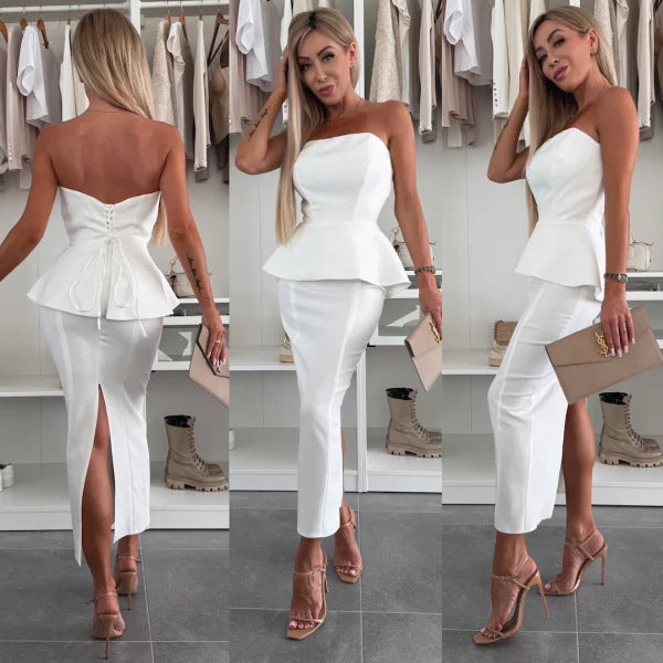 Spring Women's Clothing Strapless Sexy Split Fashion Two Piece Skirt Set 4