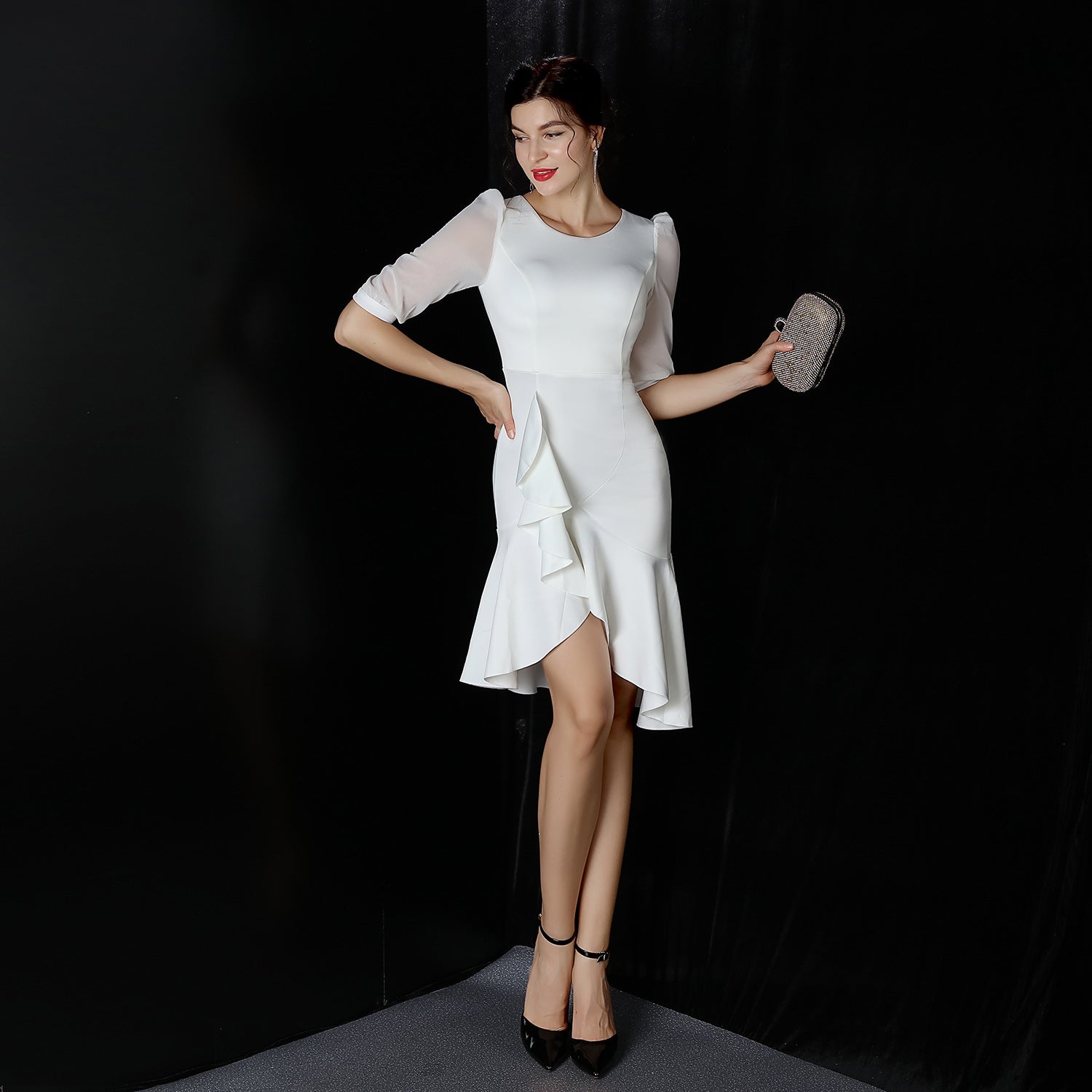 Formal Half Sleeve Solid Plain Irregular Mermaid Cocktail Dress 7