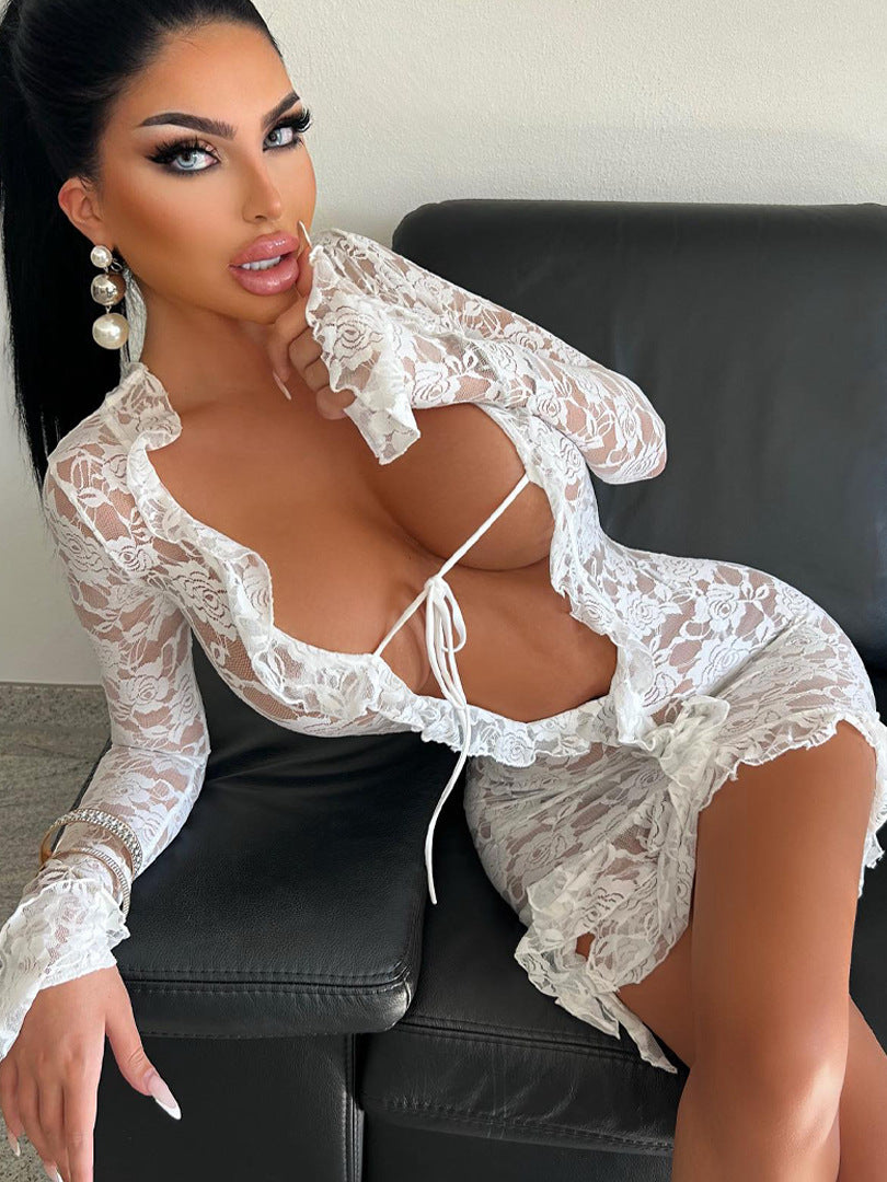 Autumn Sexy Lace See-Through Deep V-Neck Slim Bodycon Dress 4