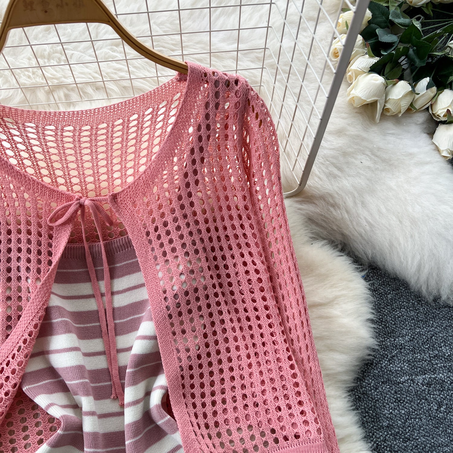 Tie Up Cardigan Low Back Strap Slim Fit Chic Stripes Knitting Dress 14