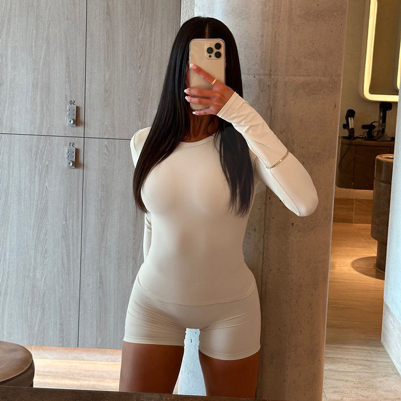 Solid Slim Fitted Long-Sleeve Top & High-Waist Butt Lift Shorts Sporty Casual Set