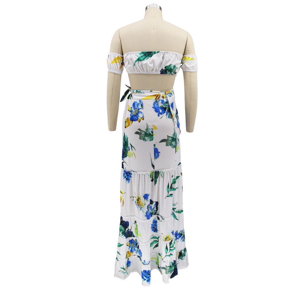 Women summer printed short-sleeved crop Top and slit Skirt sexy two-piece set 18