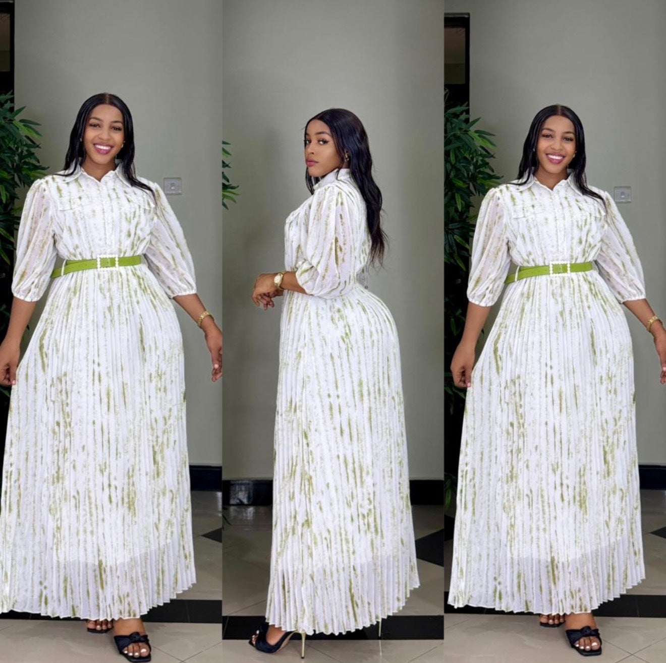 African Women Printed Turndown Collar Long Sleeve Chiffon Dress with Belt 10