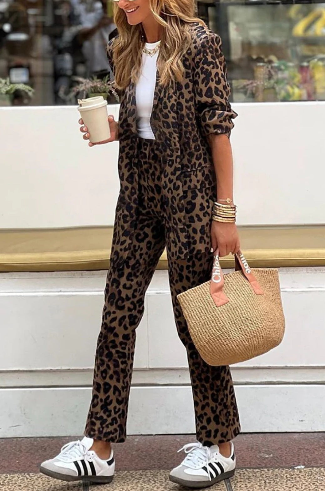 Women Leopard Print Long-sleeved Top and trousers Two Piece Set