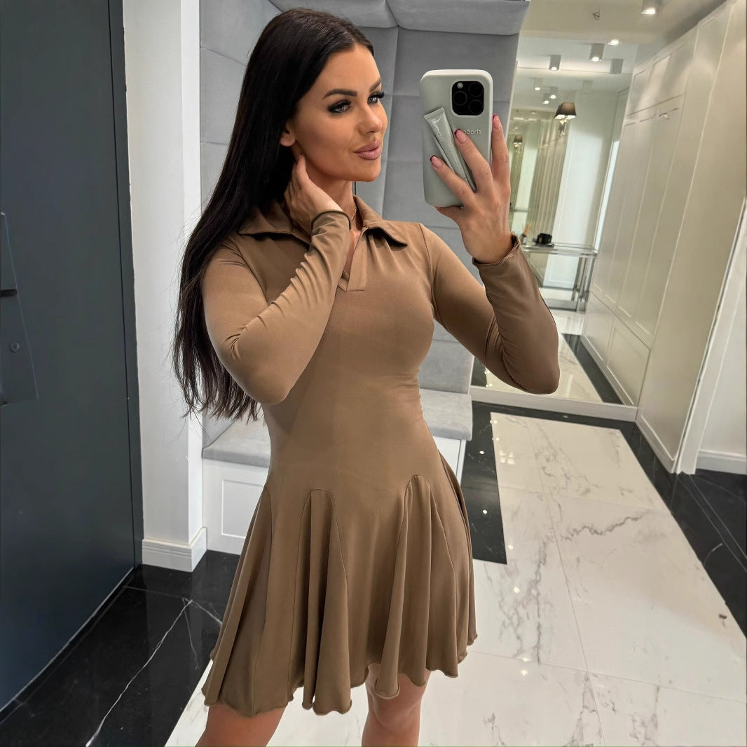 Women Fall Solid Long Sleeve Turndown Collar Ruffle Dress 7