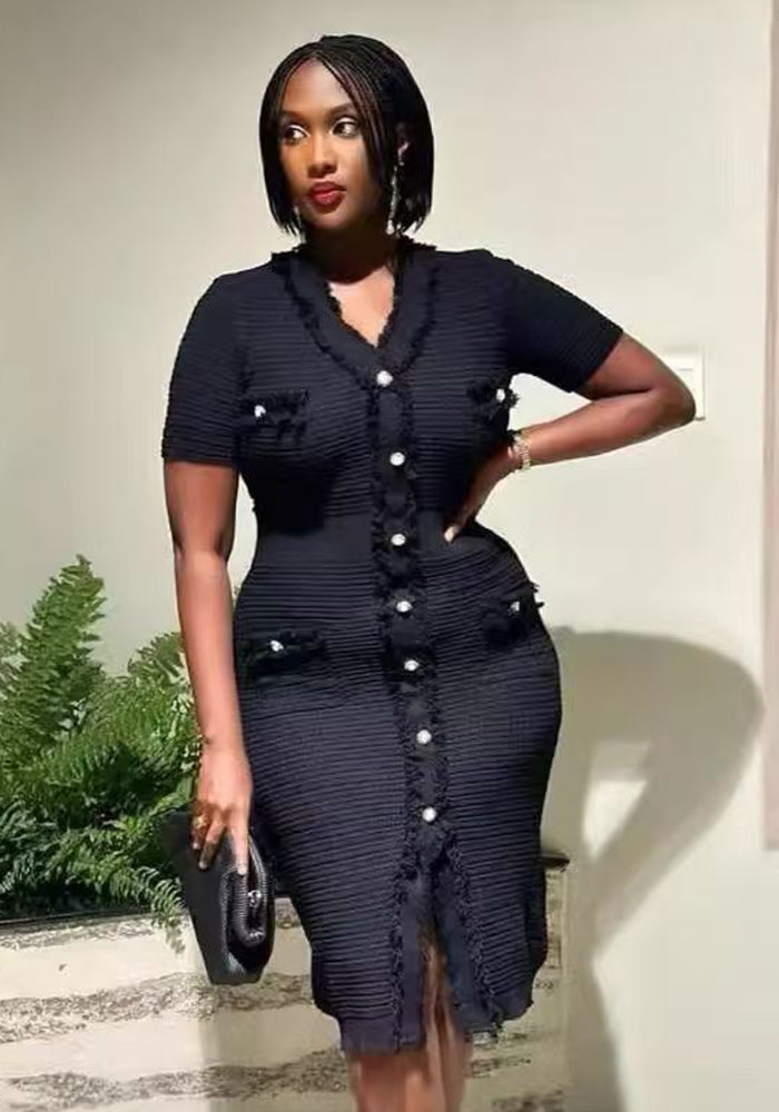 Women V-neck tassel slit knitting dress