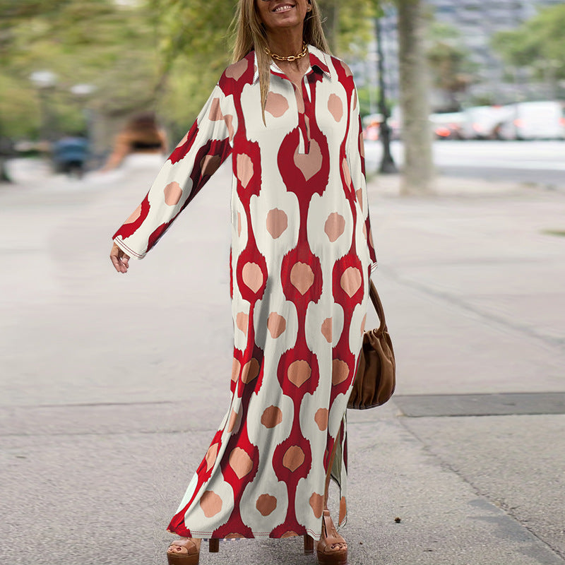 Plus Size Women Turndown Collar Long Sleeve Slit Loose Dress 4