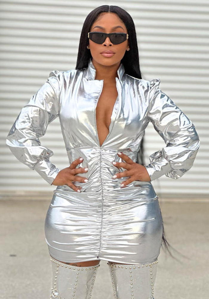 Fashionable And Sexy Deep V Neck Ruched Dress For Women