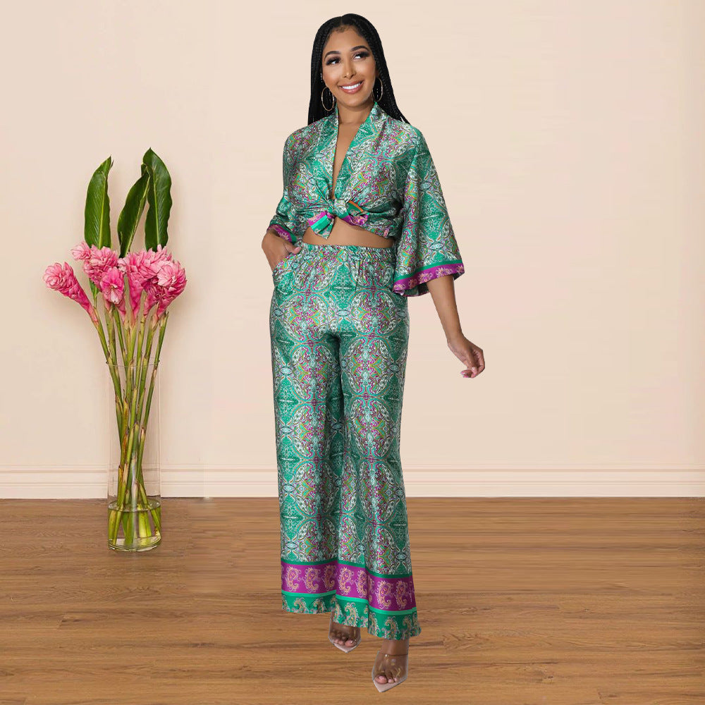 Women Long Sleeve Printed Top + Wide Leg Pants Two Piece Set 7