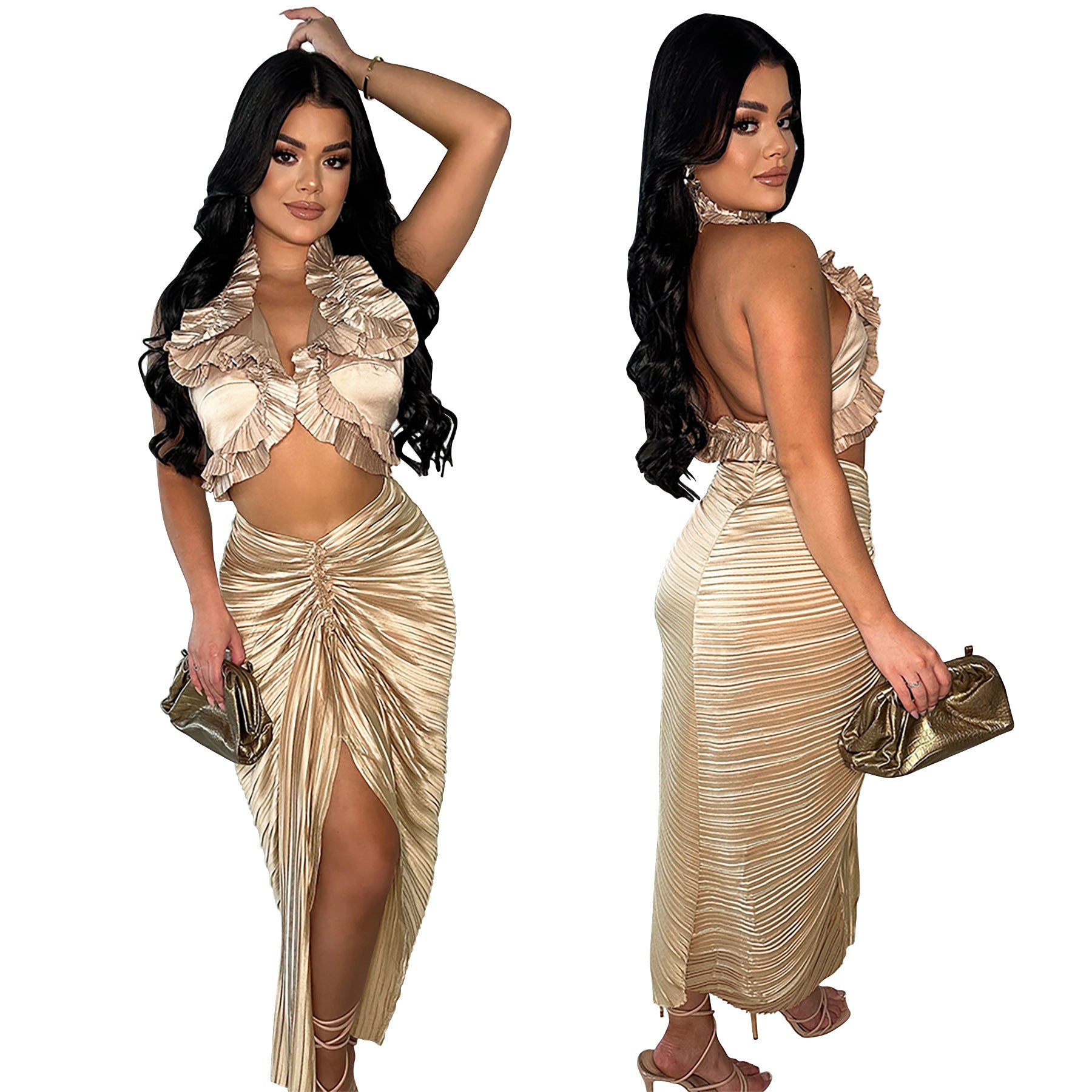 Fashionable Women's Solid Color Sleeveless Ruffled Halter Top Slit Pleated Skirt Two Piece Set 5