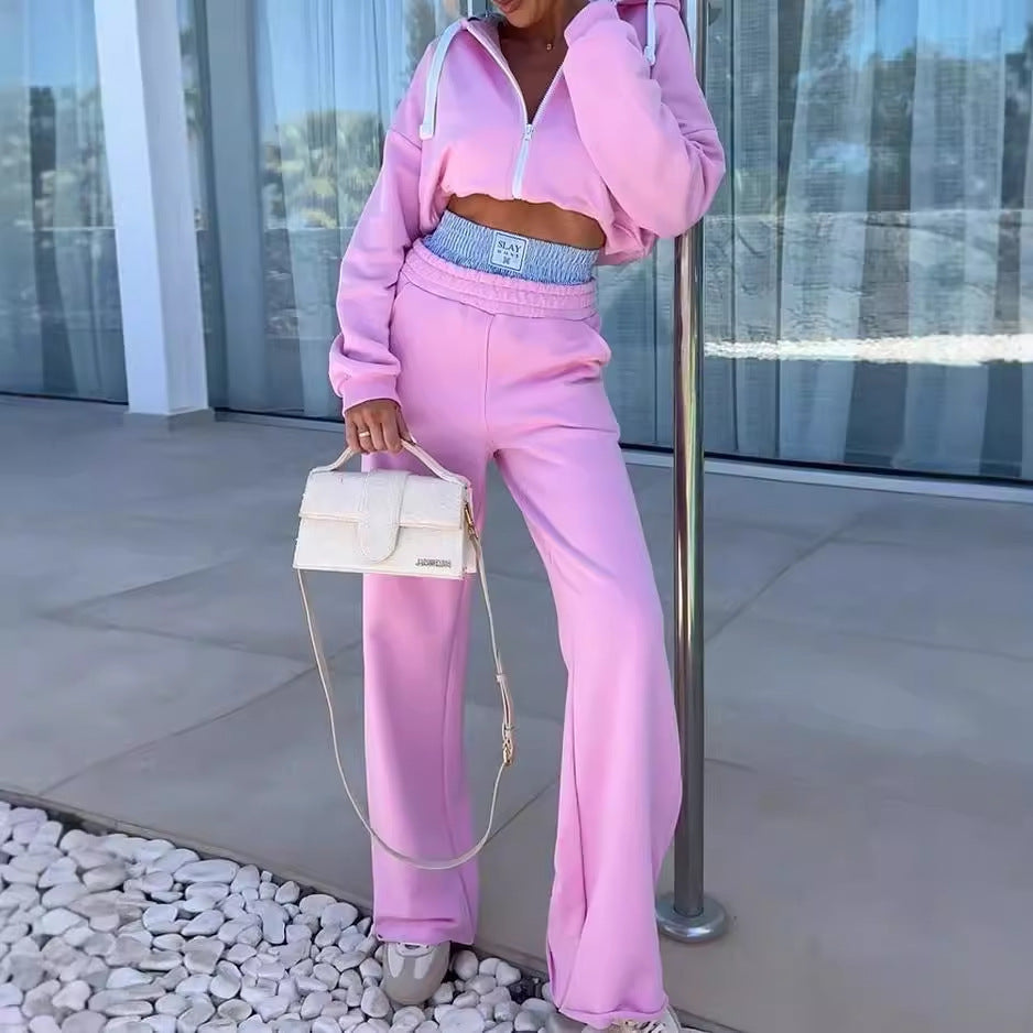 Women Fall V-Neck Athletic Solid Top and Pant Two-Piece Set