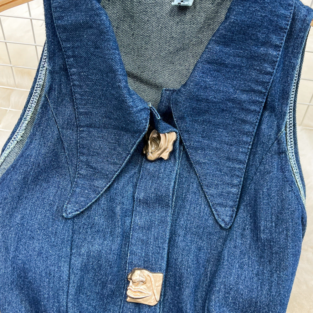 Women Vintage Turndown Collar Cut Out Sleeveless Denim Dress 13