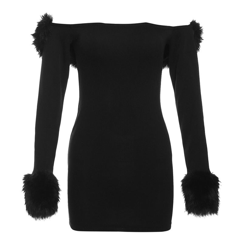 Women Solid Backless Furry Long Sleeve Bodycon Dress 7