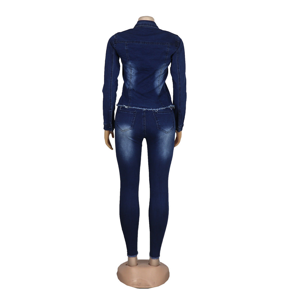 Women Stretchy Denim Pants Ripped Top and Pant Two-Piece Set 4