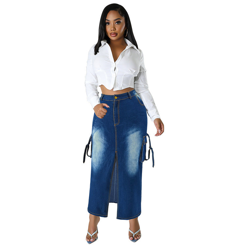 Plus Size Women's Denim Fashion Pocket Slit Long Skirt 7