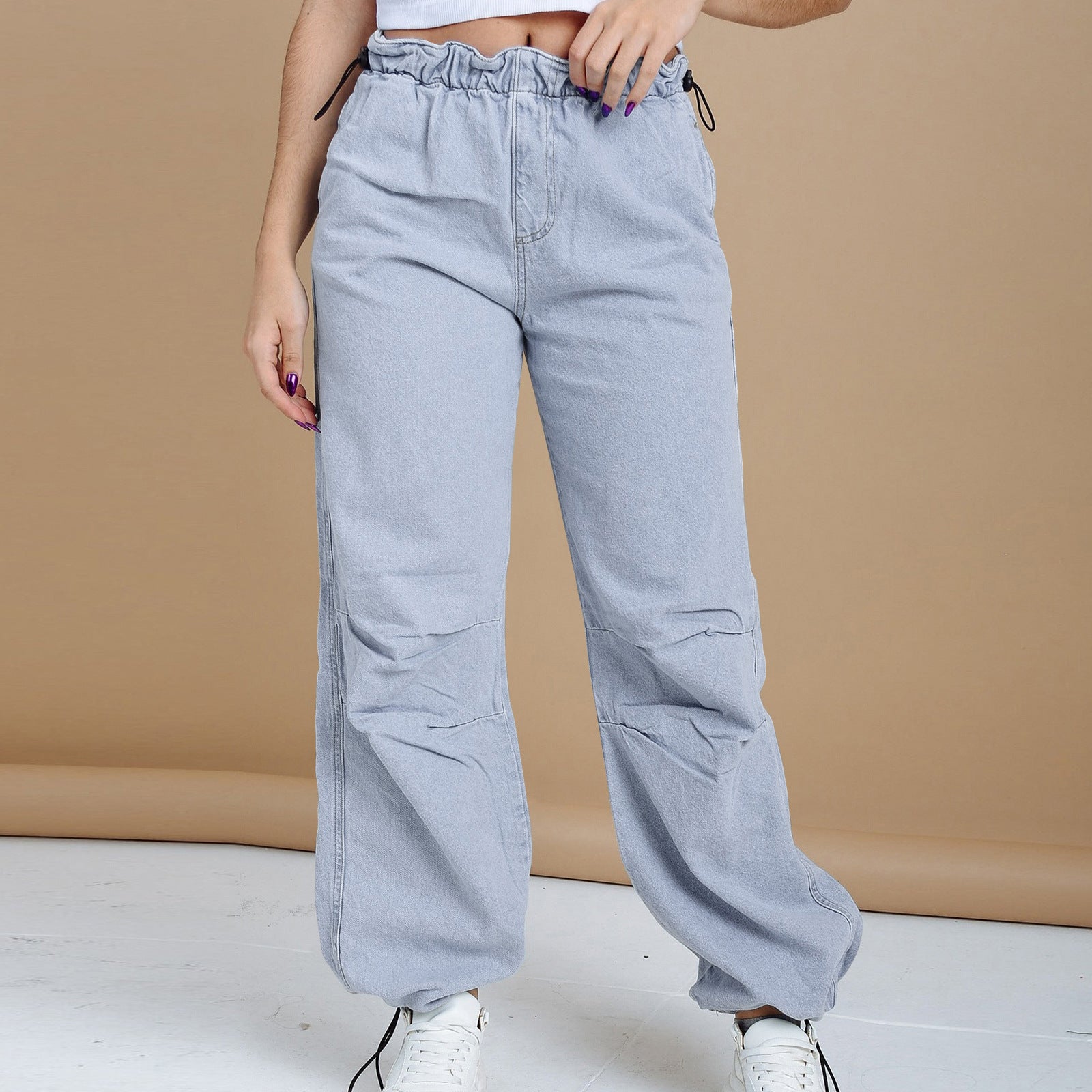 Women Snap Buckle Loose-Cut Denim Pants