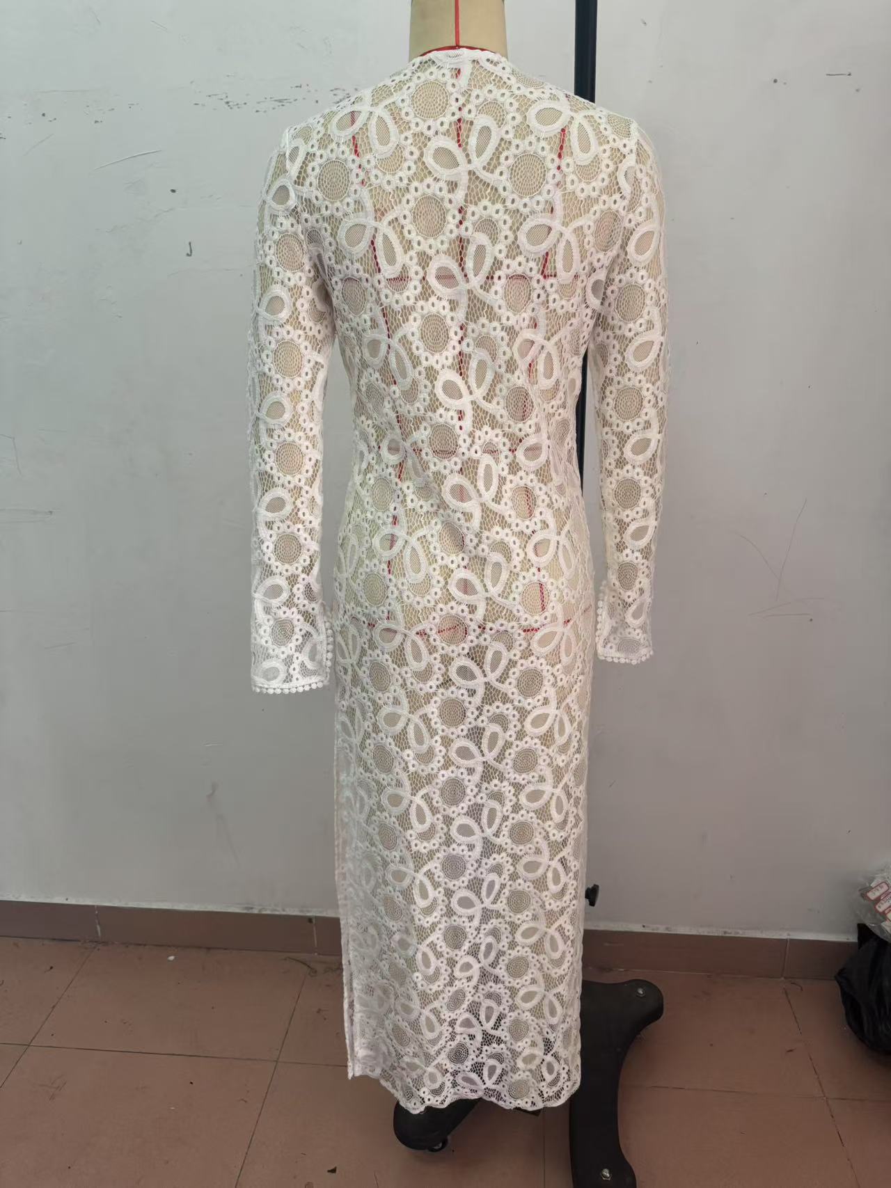 Spring Summer Long-Sleeved See-Through Lace Loose Holidays Slit Dresses 7