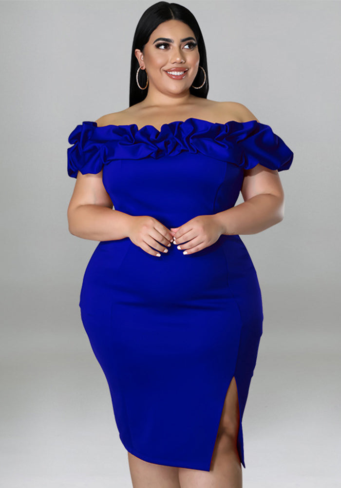 Fashion Plus Size Women's Summer Sexy Off Shoulder Ruffled Slit Bodycon Dress