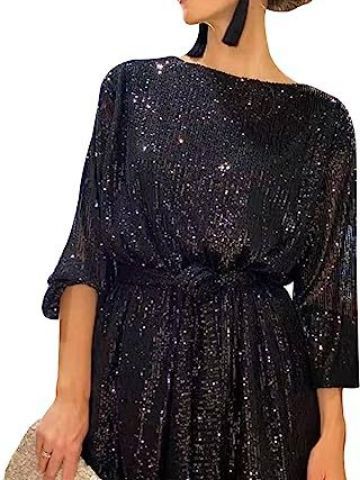 Summer Sequin Round Neck Long Sleeve Casual Loose Sequin Dress 14