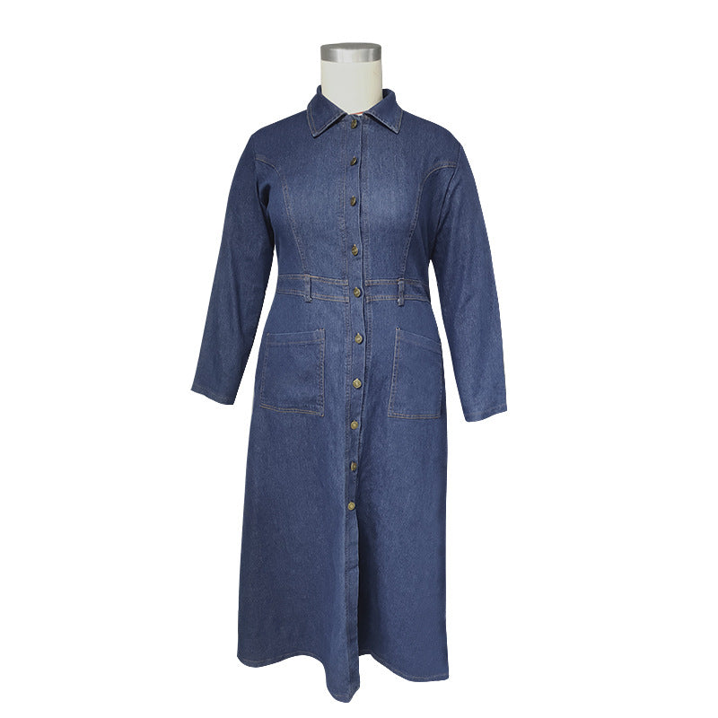 Plus Size Women Women Denim Turndown Collar Long Sleeve Dress 9