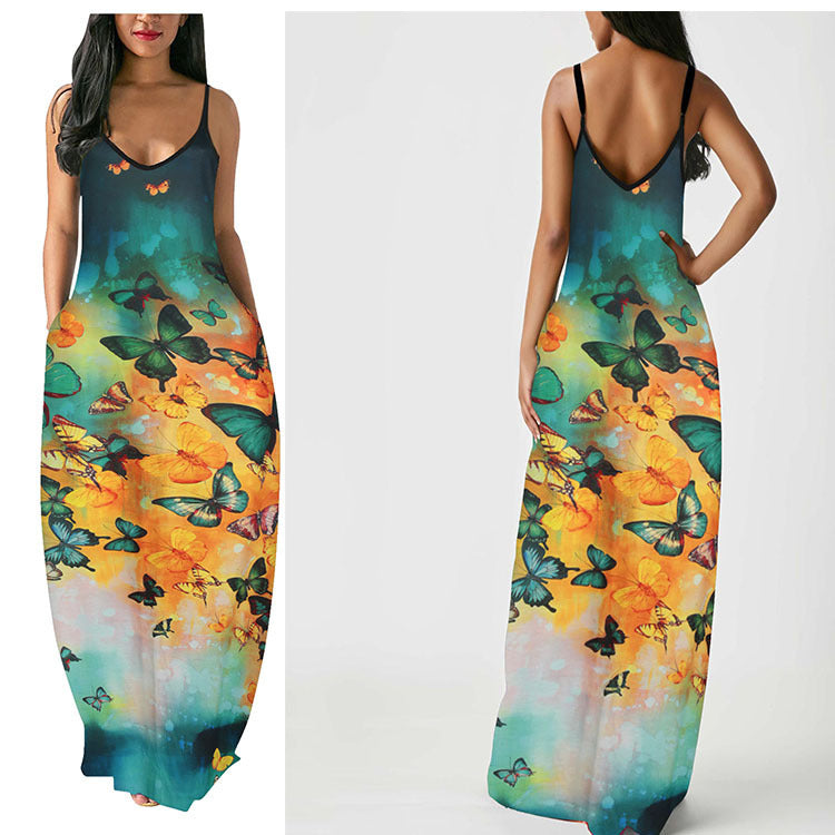 Women Sleeveless Strap Printed Beach Dress 3