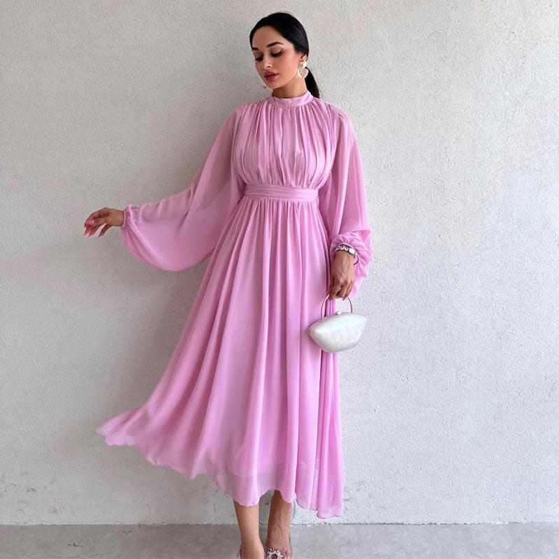 Chic half turtleneck long sleeve pleated midi dress for women 7