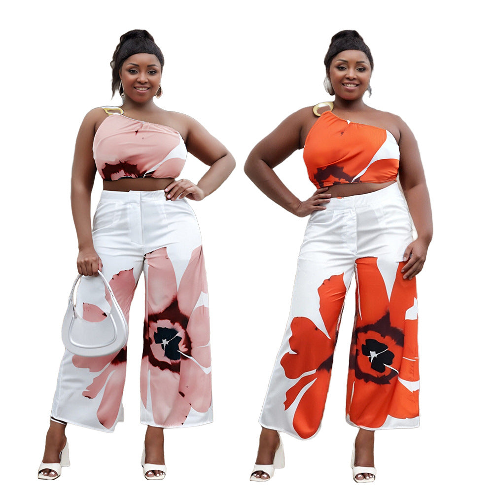 Plus Size Spring/Summer Printed One Shoulder Crop Top Wide Leg Pants Two Piece Set 12