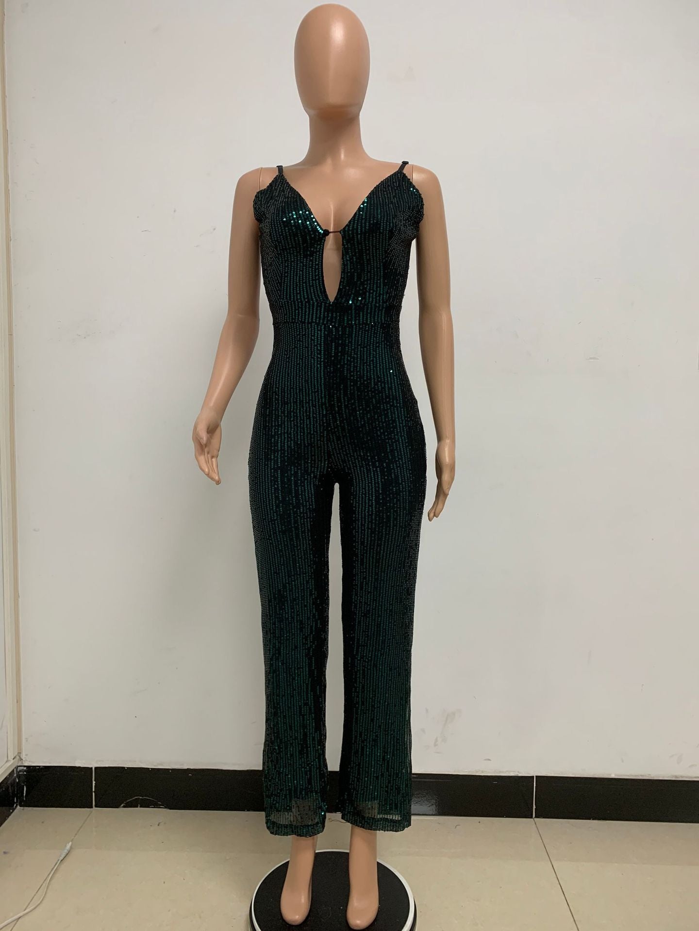 Deep V Neck Low Back Sleeveless Chic Sequined Straps Elegant Women's Party Jumpsuit 84